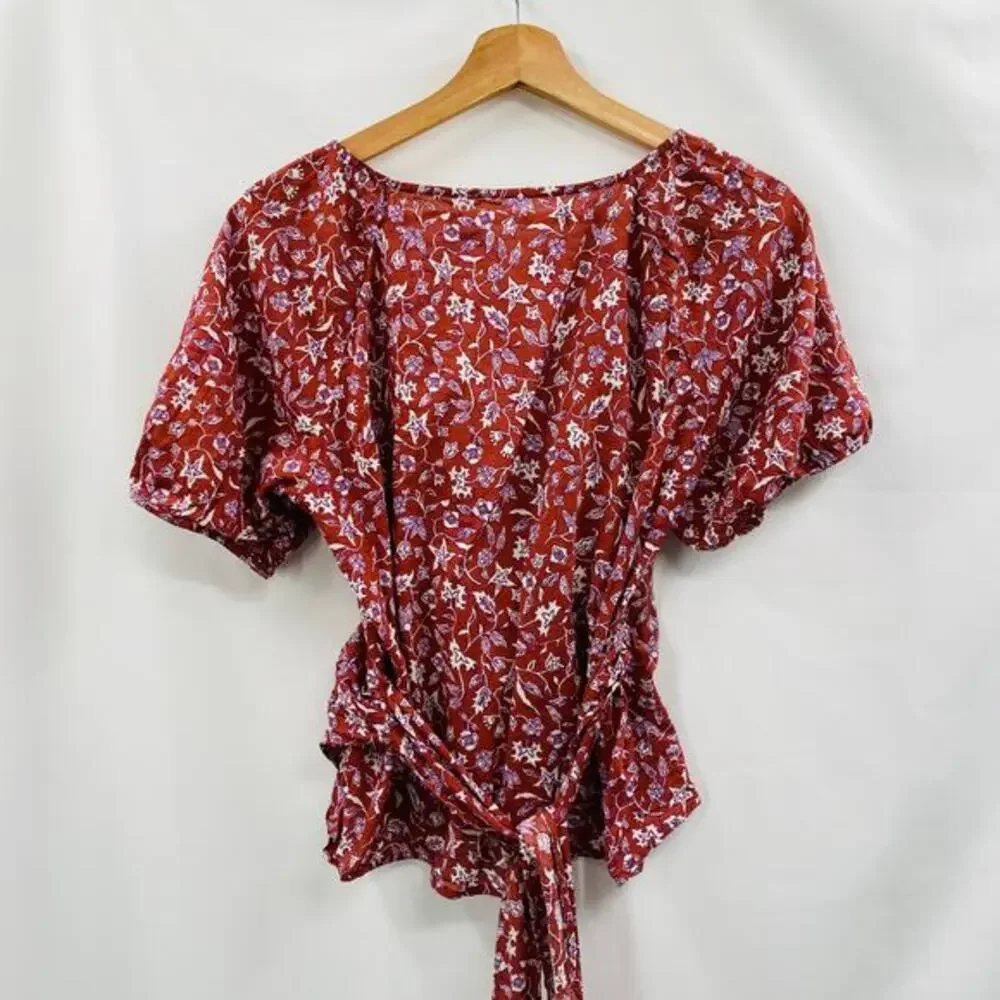 Madewell‎ Puff-Sleeve Wrap Crop Top in Batik Vine weathered brick